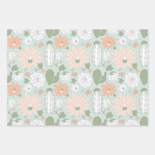 Playful Cacti Peach Green Floral Print Wrapping Paper Sheets (Front)