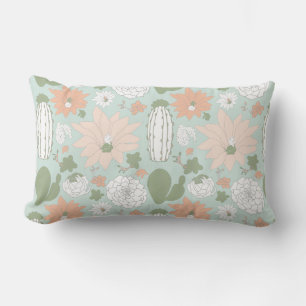 Playful Cacti Peach Green Succulents Floral Lumbar Pillow