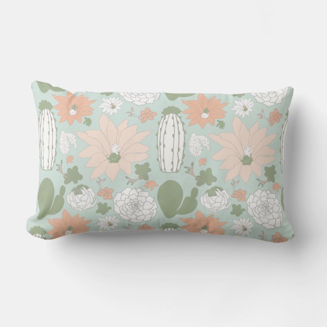 Playful Cacti Peach Green Succulents Floral Lumbar Pillow (Front)