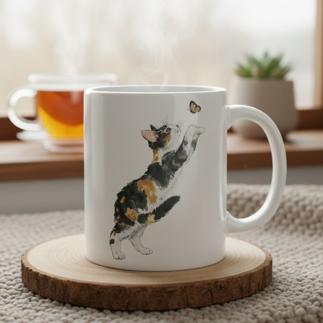 Playful Calico Cat and Butterfly Watercolor Mug (Creator Uploaded)
