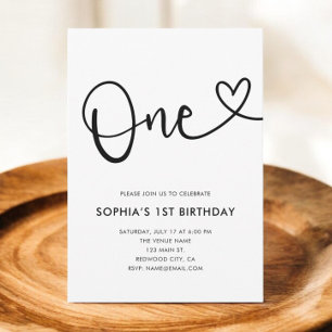 Playful Calligraphy Heart White 1st Birthday Invitation