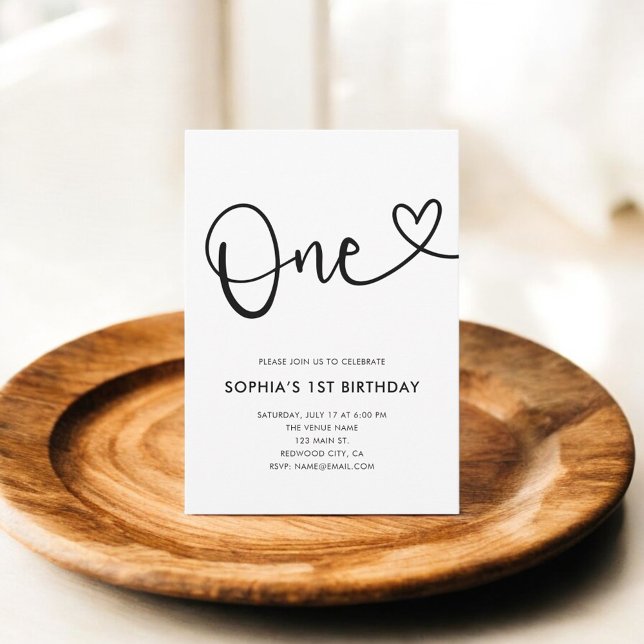Playful Calligraphy Heart White 1st Birthday Invitation (Creator Uploaded)