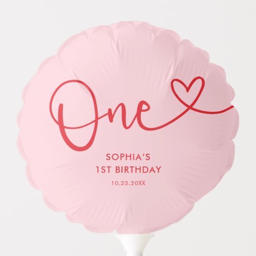 Playful Calligraphy Pink Red 1st Birthday Balloon