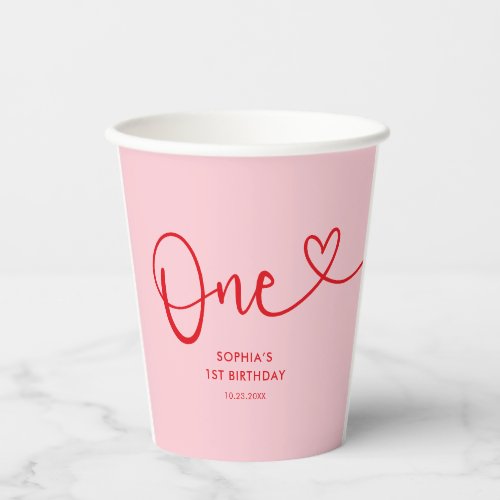 Playful Calligraphy Pink Red 1st Birthday Paper Cups