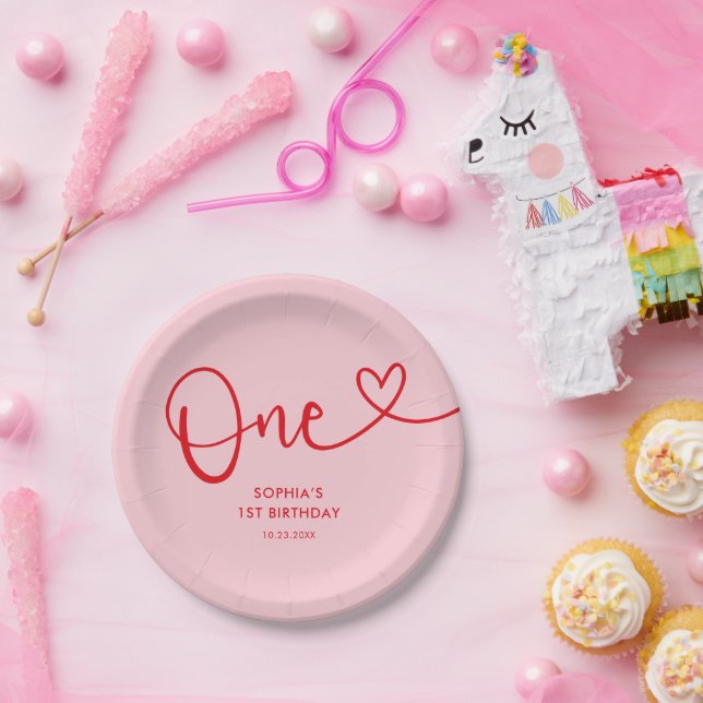Playful Calligraphy Pink Red 1st Birthday Paper Plates (Party)
