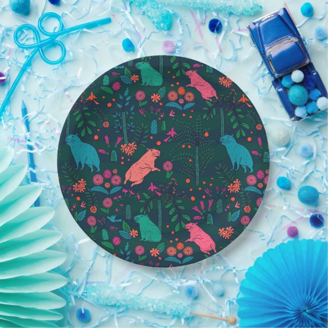 Playful Capybara in the Forest – Tropical Seamless Paper Plates (Party)