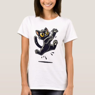 Playful Cartoon Black Cat Jumping T-Shirt