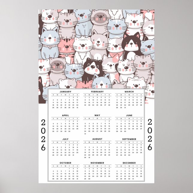Playful Cartoon Cat Pattern with 2026 Calendar Poster (Front)