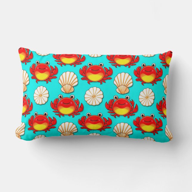 Playful Cartoon Crabs and Seashells Pattern Lumbar Pillow (Front)