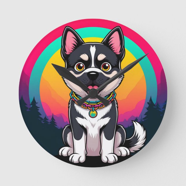 Playful Cartoon Dog Round Clock (Front)