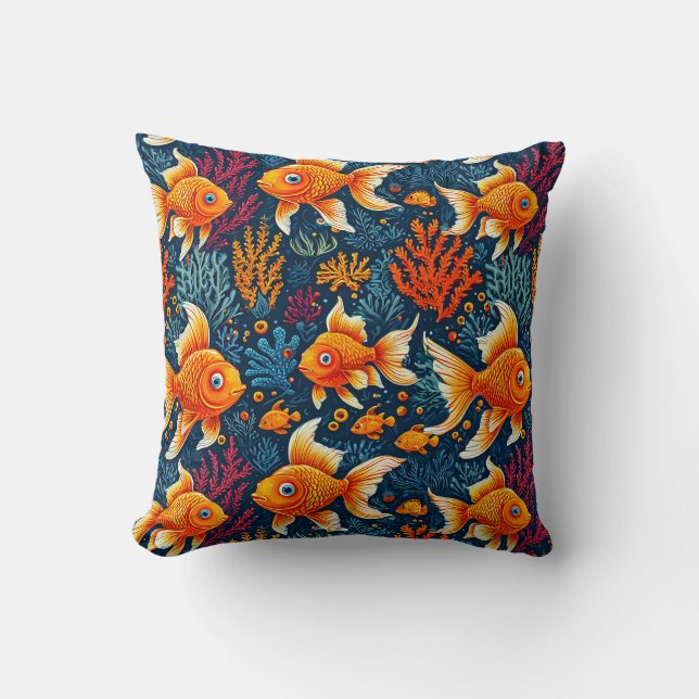 🐟 Playful Cartoon Red Fish Pattern Splash ✨ Throw Pillow (Front)