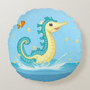 Playful Cartoon Seahorse in Blue Water Round Pillow
