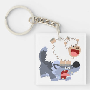 Playful Cartoon Sheep and Wolf Acrylic Keychain