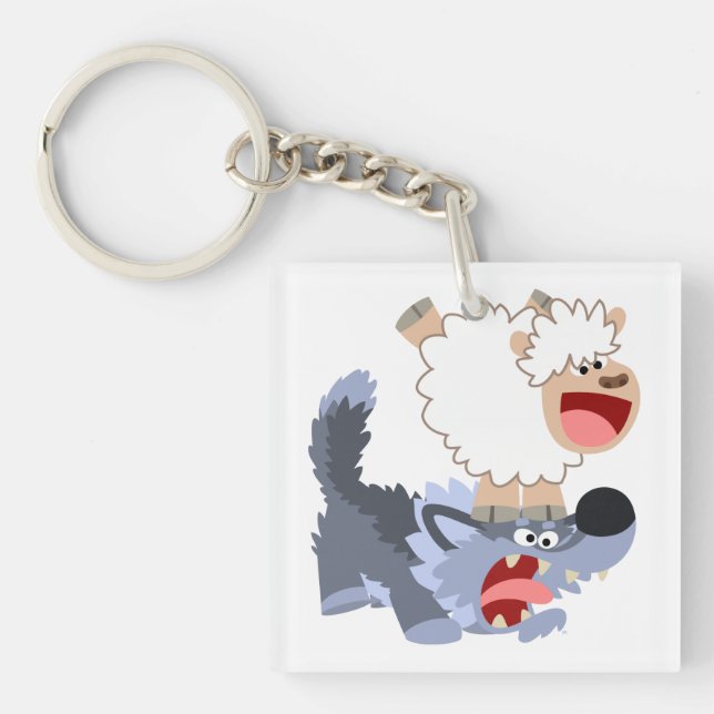 Playful Cartoon Sheep and Wolf Acrylic Keychain (Front)