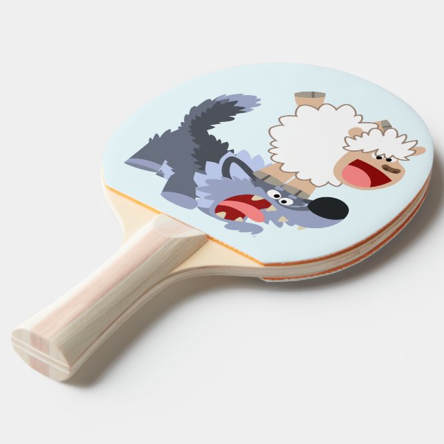Playful Cartoon Sheep and Wolf Ping Pong Paddle (Front Angle)