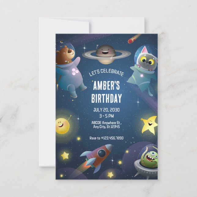 Playful cartoon space moon astronaut birthday  invitation (Front)