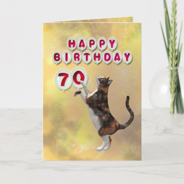 Playful cat and 70th Happy Birthday balloons Card (Front)