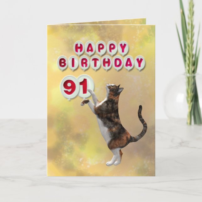 Playful cat and 91st Happy Birthday balloons Card (Front)