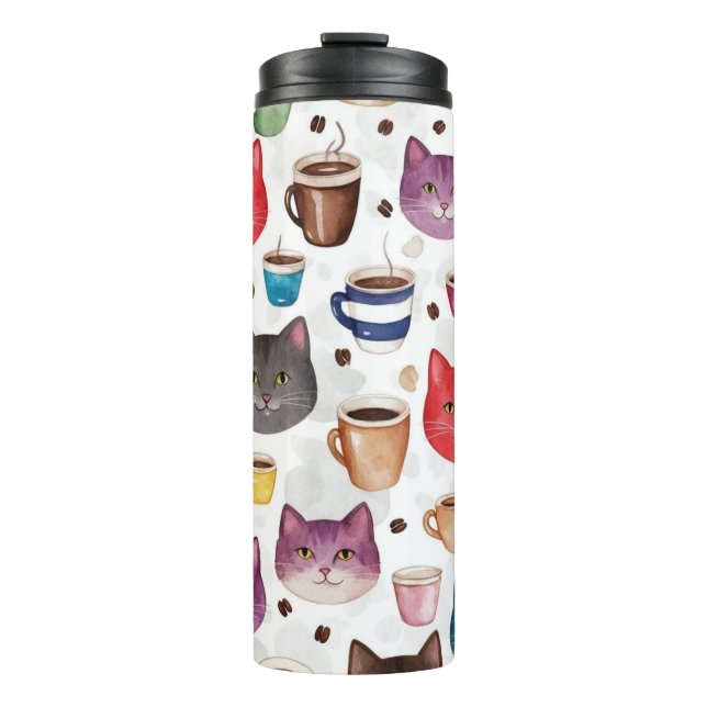 Playful Cat and Coffee Doodle Pattern Thermal Tumbler (Front)