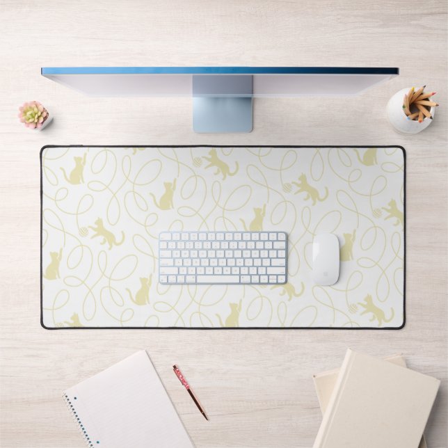 Playful Cat and Yarn Ball Pattern Light Beige Desk Mat (Office 1)