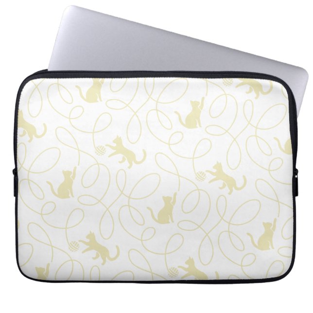 Playful Cat and Yarn Ball Pattern Light Beige Laptop Sleeve (Front)