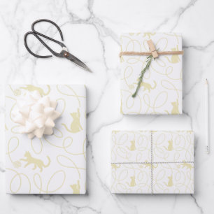 Playful Cat and Yarn Ball Pattern Light Beige Wrapping Paper Sheets