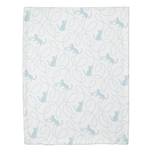 Playful Cat and Yarn Ball Pattern Light Blue Duvet Cover