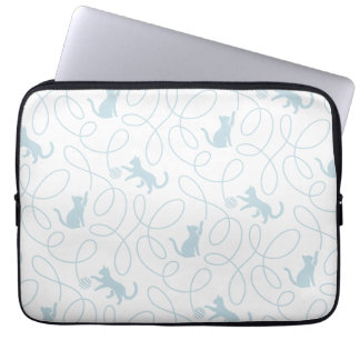 Playful Cat and Yarn Ball Pattern Light Blue Laptop Sleeve