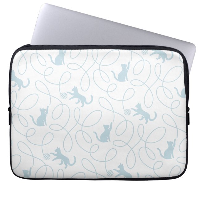 Playful Cat and Yarn Ball Pattern Light Blue Laptop Sleeve (Front)