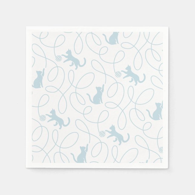 Playful Cat and Yarn Ball Pattern Light Blue Napkins (Front)