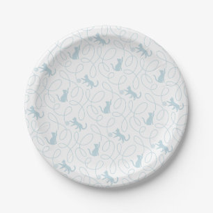 Playful Cat and Yarn Ball Pattern Light Blue Paper Plates