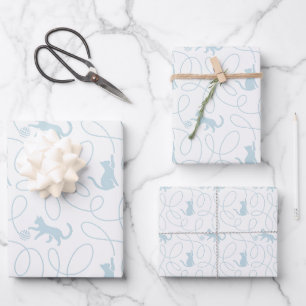 Playful Cat and Yarn Ball Pattern Light Blue Wrapping Paper Sheets