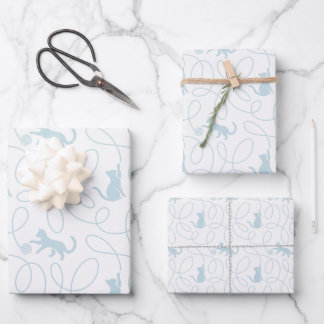 Playful Cat and Yarn Ball Pattern Light Blue Wrapping Paper Sheets