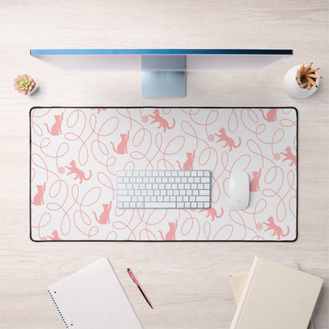 Playful Cat and Yarn Ball Pattern Light Coral Pink Desk Mat (Office 1)