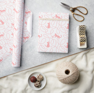 Playful Cat and Yarn Ball Pattern Light Coral Pink Wrapping Paper