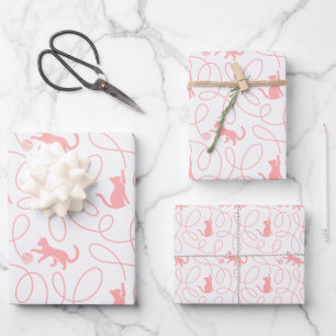 Playful Cat and Yarn Ball Pattern Light Coral Pink Wrapping Paper Sheets