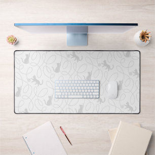 Playful Cat and Yarn Ball Pattern Light Gray Desk Mat