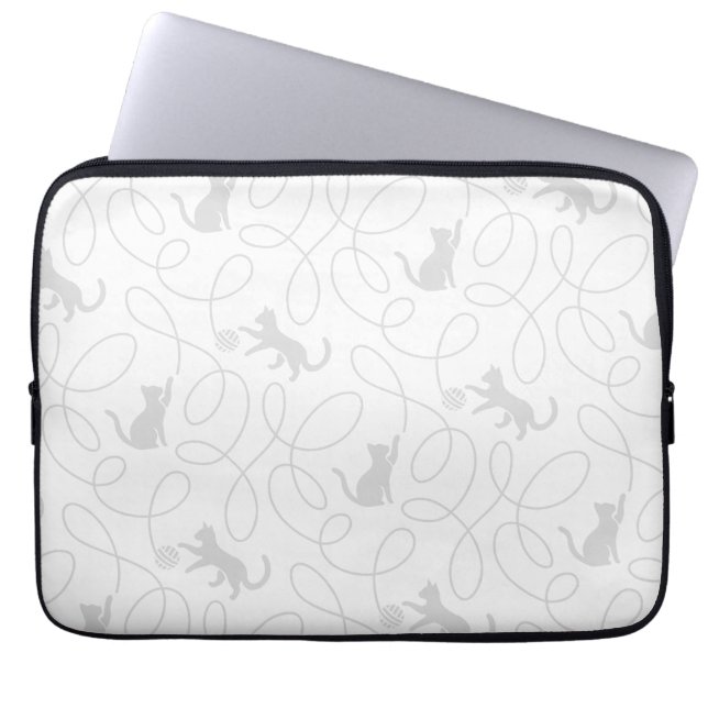 Playful Cat and Yarn Ball Pattern Light Gray Laptop Sleeve (Front)