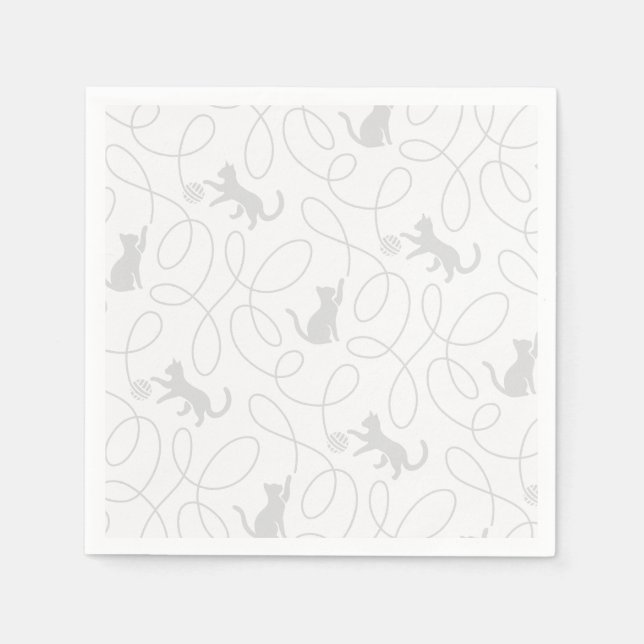Playful Cat and Yarn Ball Pattern Light Gray Napkins (Front)