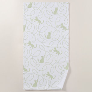 Playful Cat and Yarn Ball Pattern Light Sage Green Beach Towel