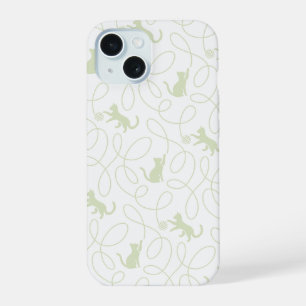 Playful Cat and Yarn Ball Pattern Light Sage Green iPhone 15 Case