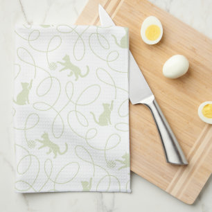 Playful Cat and Yarn Ball Pattern Light Sage Green Kitchen Towel