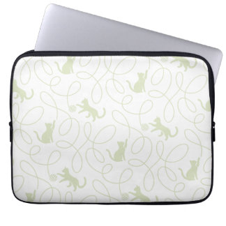 Playful Cat and Yarn Ball Pattern Light Sage Green Laptop Sleeve