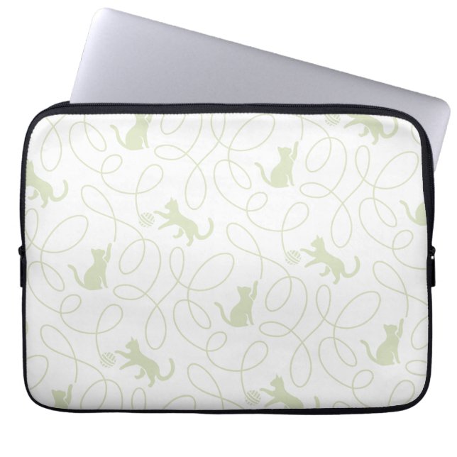 Playful Cat and Yarn Ball Pattern Light Sage Green Laptop Sleeve (Front)