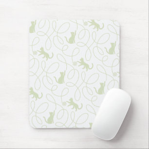 Playful Cat and Yarn Ball Pattern Light Sage Green Mouse Pad