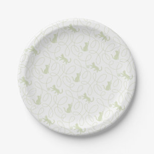 Playful Cat and Yarn Ball Pattern Light Sage Green Paper Plates