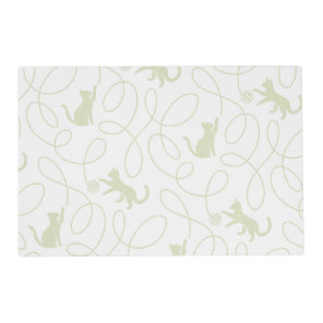 Playful Cat and Yarn Ball Pattern Light Sage Green Placemat