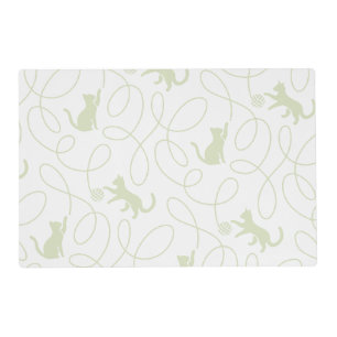 Playful Cat and Yarn Ball Pattern Light Sage Green Placemat