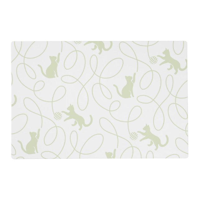 Playful Cat and Yarn Ball Pattern Light Sage Green Placemat (Front)
