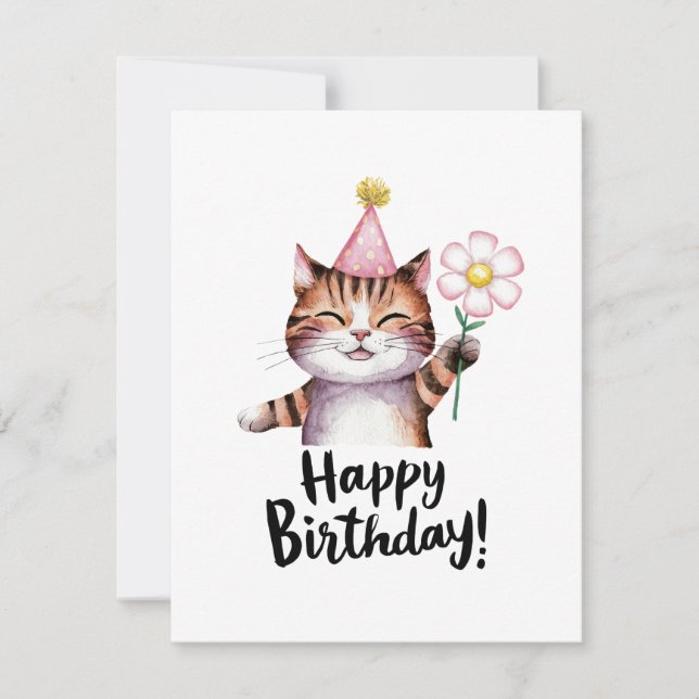 Playful Cat Birthday Design with Daisy Holiday Card (Front)